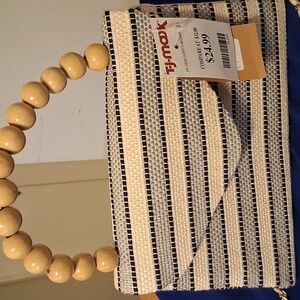 Striped Black and Cream Clutch with Beaded Handle